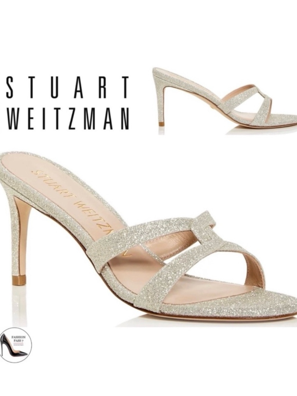 Stuart Weitzman Silver Glitter Cross-Strap Mule 3”Heels size 7,5